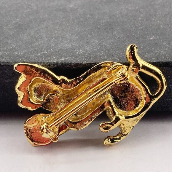 VINTAGE Black red enamel, clear rhinestone, and gold tone metal cat brooch pin - Picture 6 of 6